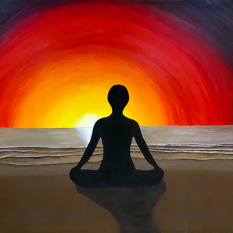 "Space Within" invites viewers into a serene moment of introspection, where a silhouetted figure meditates at the edge of the sea, facing a radiant sunset. The golden-white glow of the sun connects to the figure’s heart, symbolising alignment with one’s innermost self and a quiet communion with inner light.

The figure, a deep black silhouette, feels both grounded and transcendent, dissolving the layers of ego to reveal a profound connection to source. Warm hues of sunset, from brilliant gold to deep maroon, reflect the interplay of light and shadow within and around us. Textured waves, receding with the tide, mirror the ebb and flow of quieted thoughts, while the figure becomes a portal for self-reflection.

"Space Within" invites viewers to pause, explore inner stillness, and experience a peace that is both personal and universal.