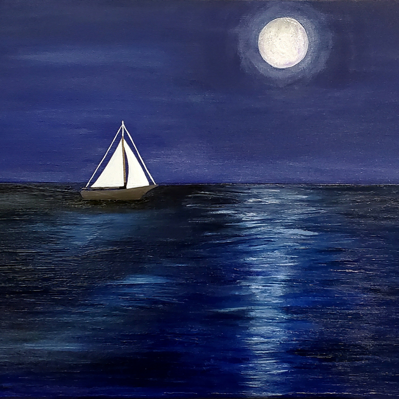 “Gentle Night” invites viewers into a tranquil scene where silence speaks. A lone sailboat rests on the serene ocean, cradled by the soft glow of a full, silvery moon, while the vast indigo night sky envelops the scene in mystery, setting the stage for inner discovery. The moon’s shimmering light spills onto the water, casting quiet, calming reflections that dance across subtle ripples, creating an almost otherworldly glow—a visual echo that beckons one to explore the layers beneath stillness.

The painting embodies a sense of calm, yet hints at something deeper: the quiet mysteries we uncover within ourselves in moments of solitude. The vast ocean suggests uncharted depths, mirroring the journey of self-reflection, while the moon’s radiant presence serves as both a guide and a witness to the unspoken truths that surface when we pause and listen. “Gentle Night” invites you to drift into its tranquillity and contemplate the hidden realms of your own spirit, offering a gentle reminder of the wisdom and peace that lie in the heart of silence.